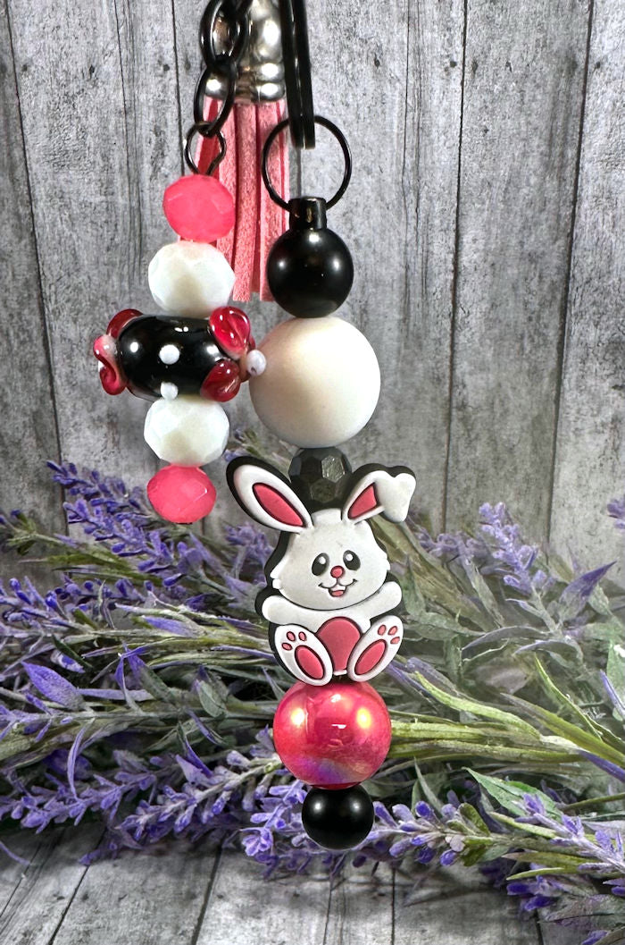 Handmade Beaded Easter Bunny Keychain With Clip and Keyring