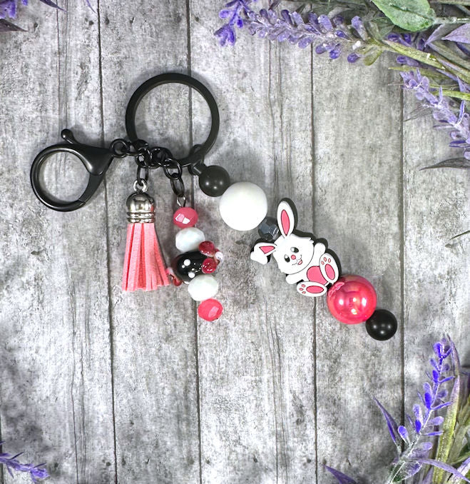 Handmade Beaded Easter Bunny Keychain With Clip and Keyring