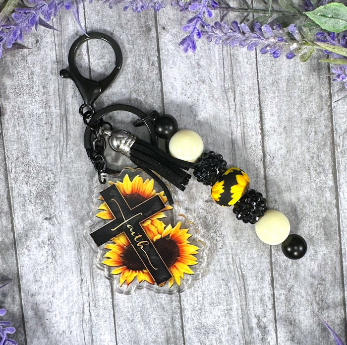 Handmade Beaded Sunflower Christian Faith Easter Keychain With Clip and Keyring