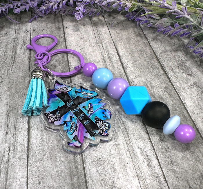 Handmade Beaded Aqua and Purple Christian Faith Easter Keychain With Clip and Keyring