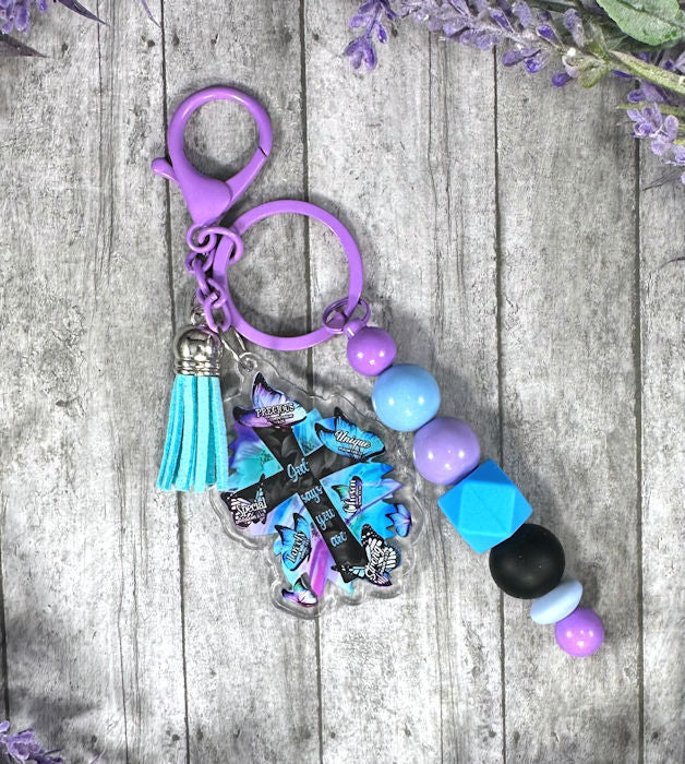 Handmade Beaded Aqua and Purple Christian Faith Easter Keychain With Clip and Keyring