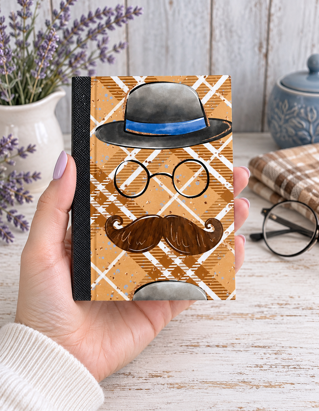 Decorative Vinyl Covered MINIATURE Composition Notebook Plaid Hat and Mustache