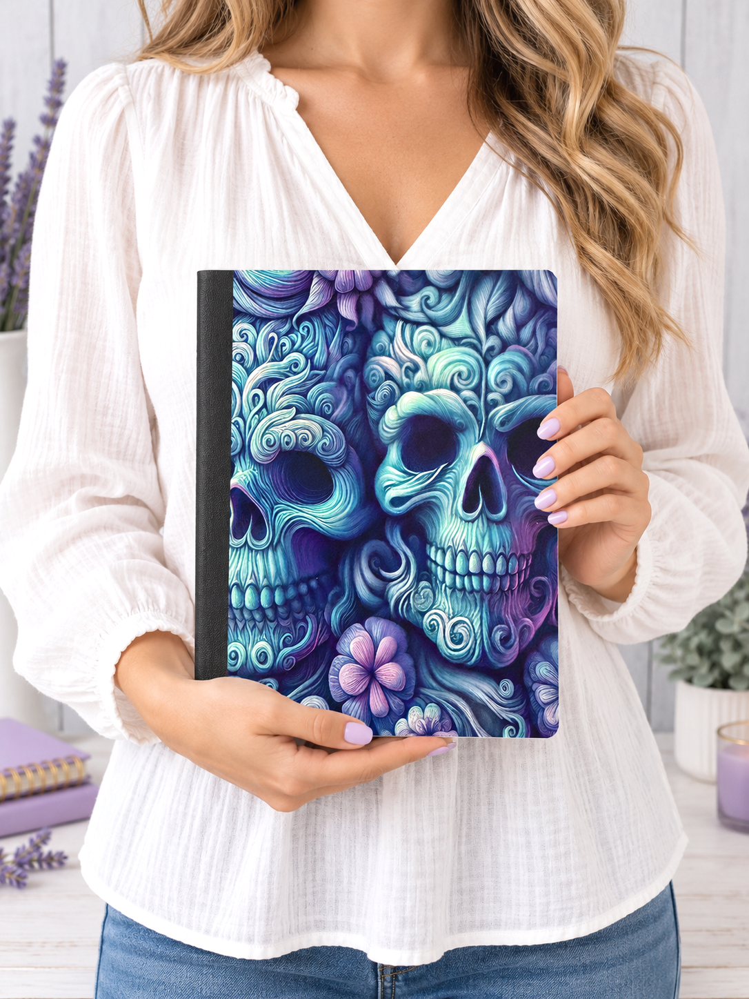 Decorative Vinyl Covered Composition Notebook Blue Skulls