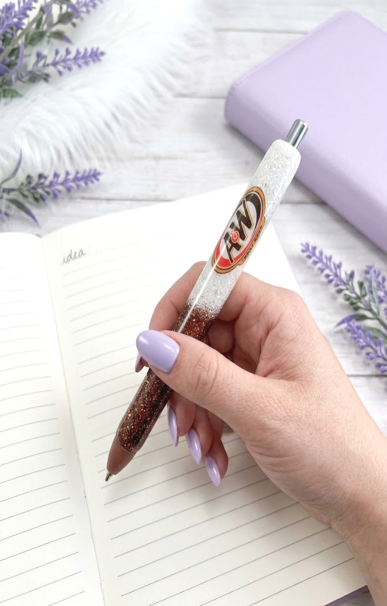 Handmade A & W Root Beer glitter pen with free refill