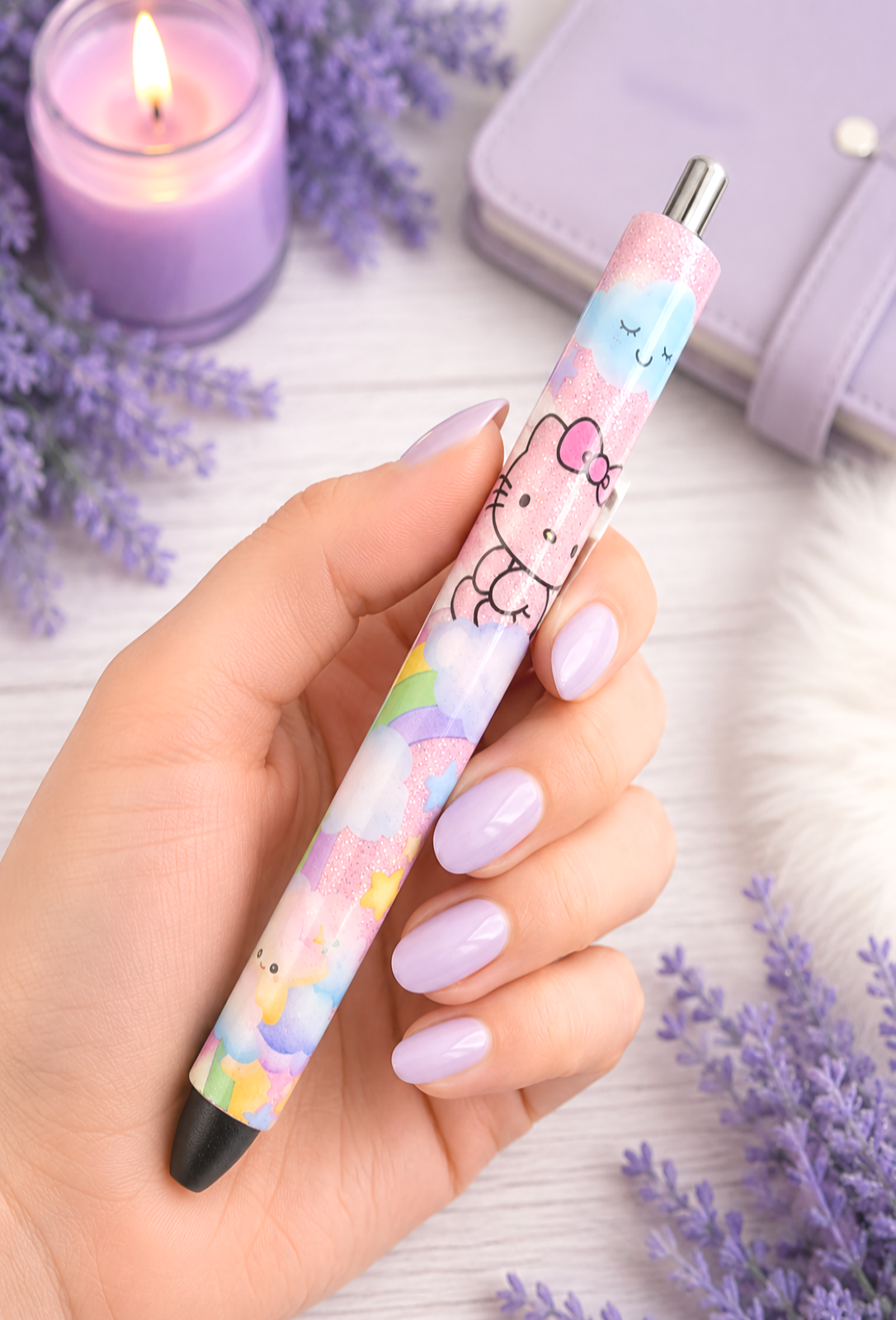 Handmade Hello Kitty Scene on pink glitter pen with free refill