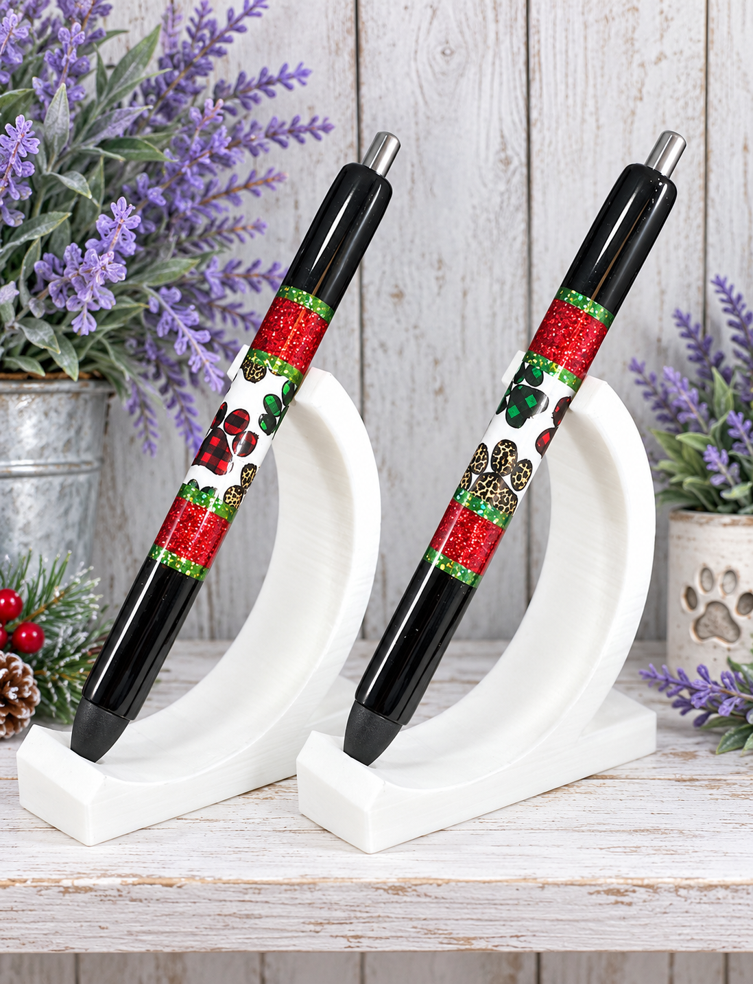 Handmade Christmas Paw Prints on black glitter pen with free refill