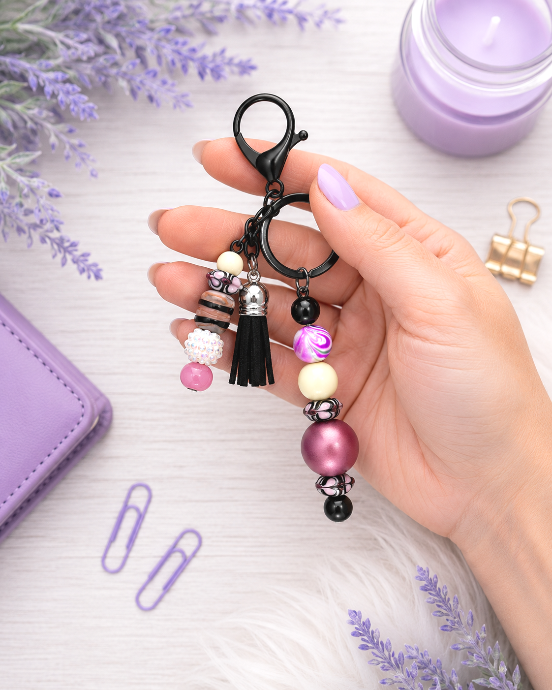 Handmade Beaded Keychain With Clip and Keyring Mauve