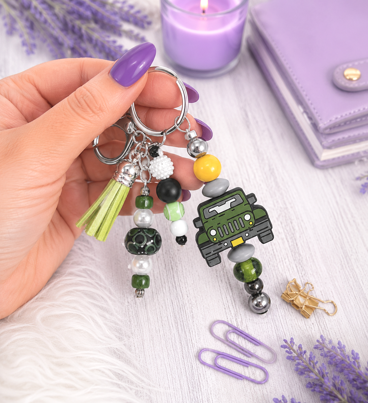 Handmade Green Jeep Beaded Keychain With Clip and Keyring