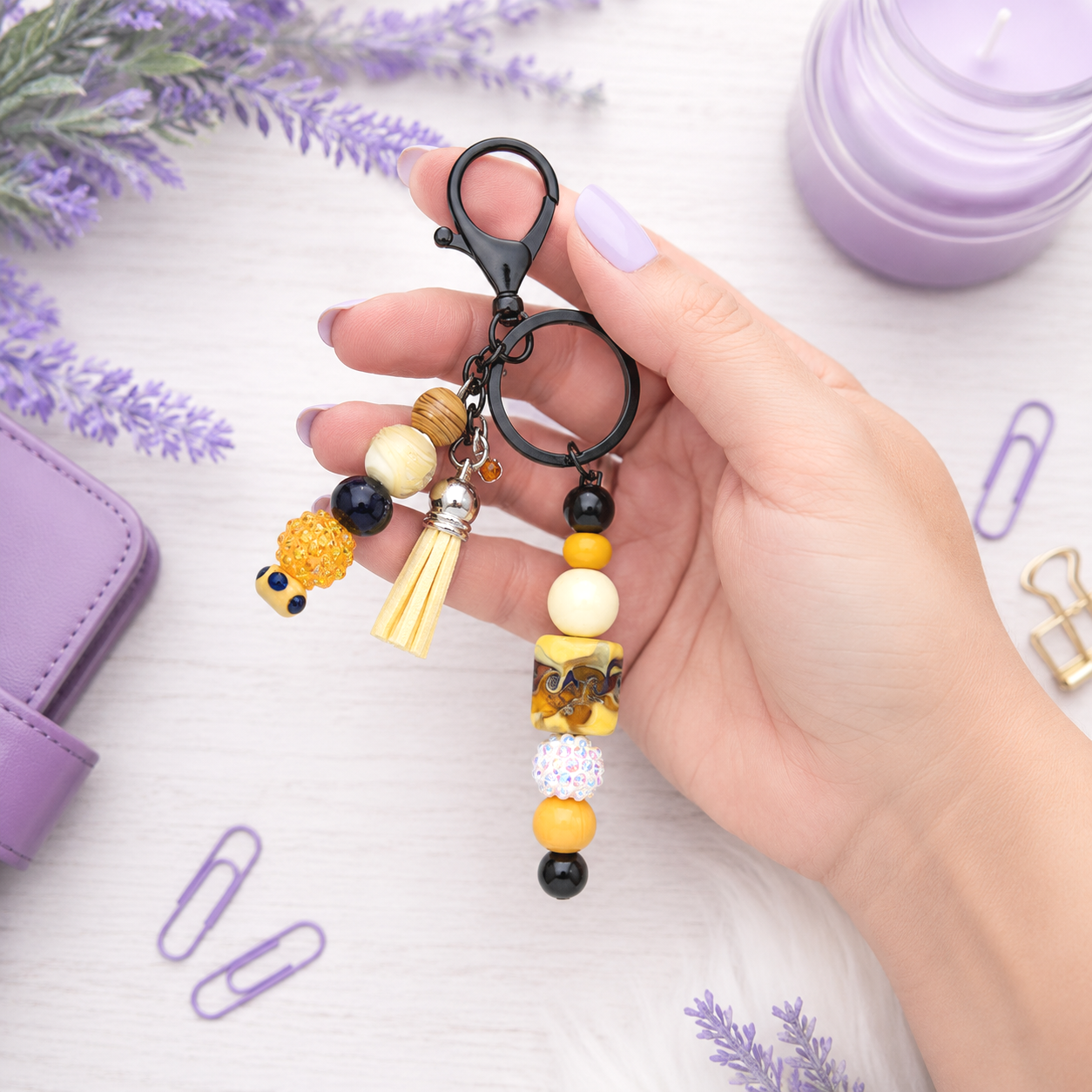 Handmade Beaded Keychain With Clip and Keyring Yellow