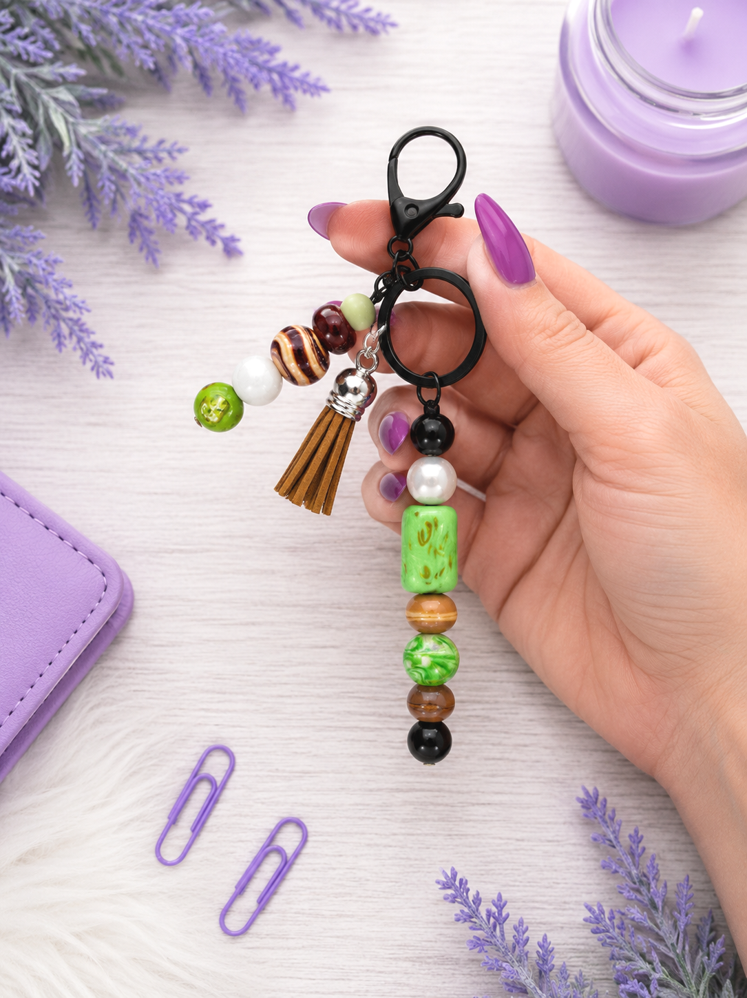 Handmade Beaded Keychain With Clip and Keyring Green