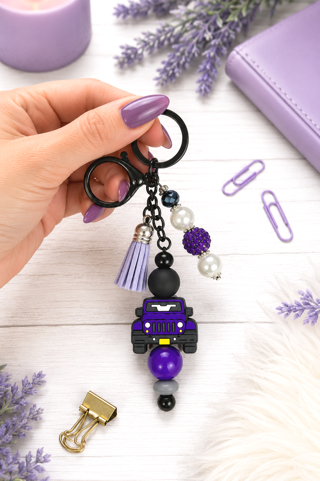 Handmade Purple Jeep Beaded Keychain With Clip and Keyring