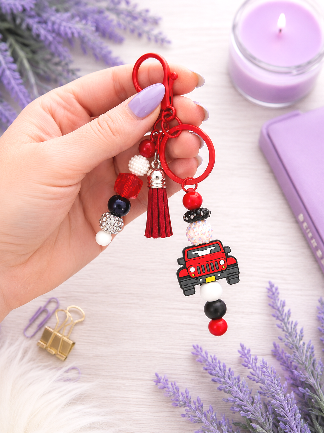 Handmade Red Truck Beaded Keychain With Clip and Keyring