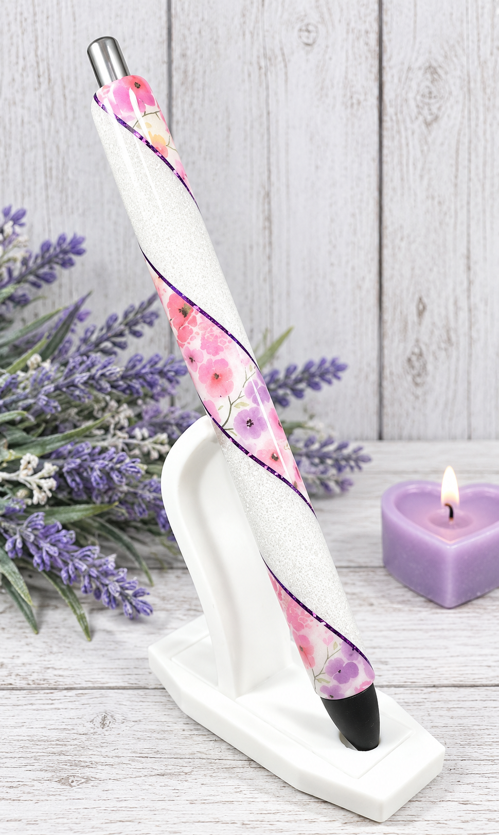 Handmade Pretty Pink Flowers glitter pen with free refill