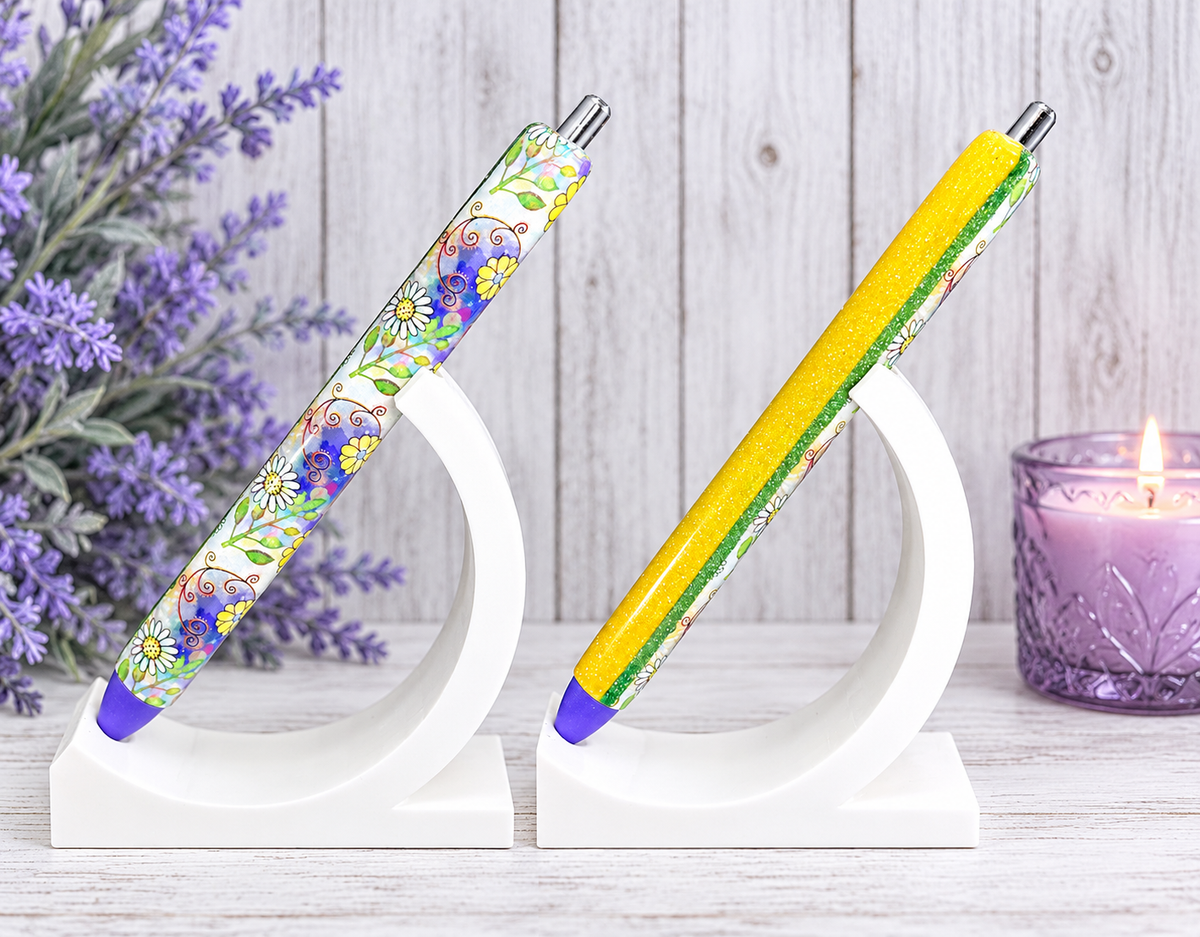 Handmade Retro Flowers on Yellow glitter pen with free refill