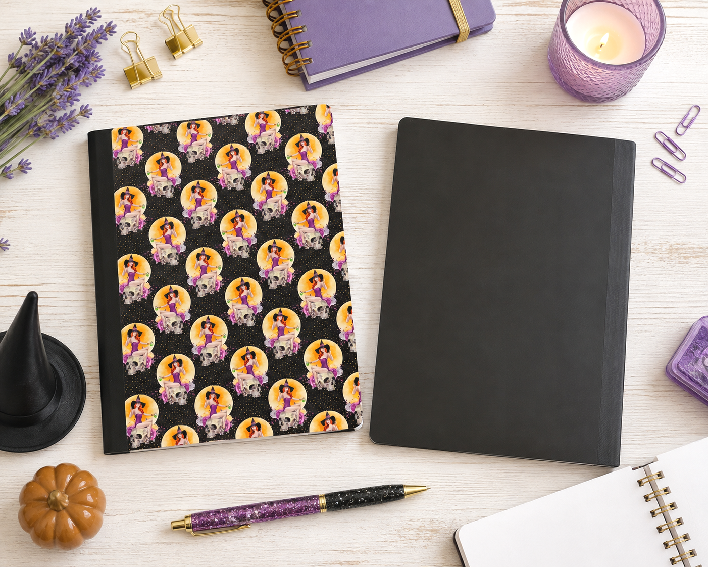 Decorative Vinyl Covered Composition Notebook Witches and Skulls