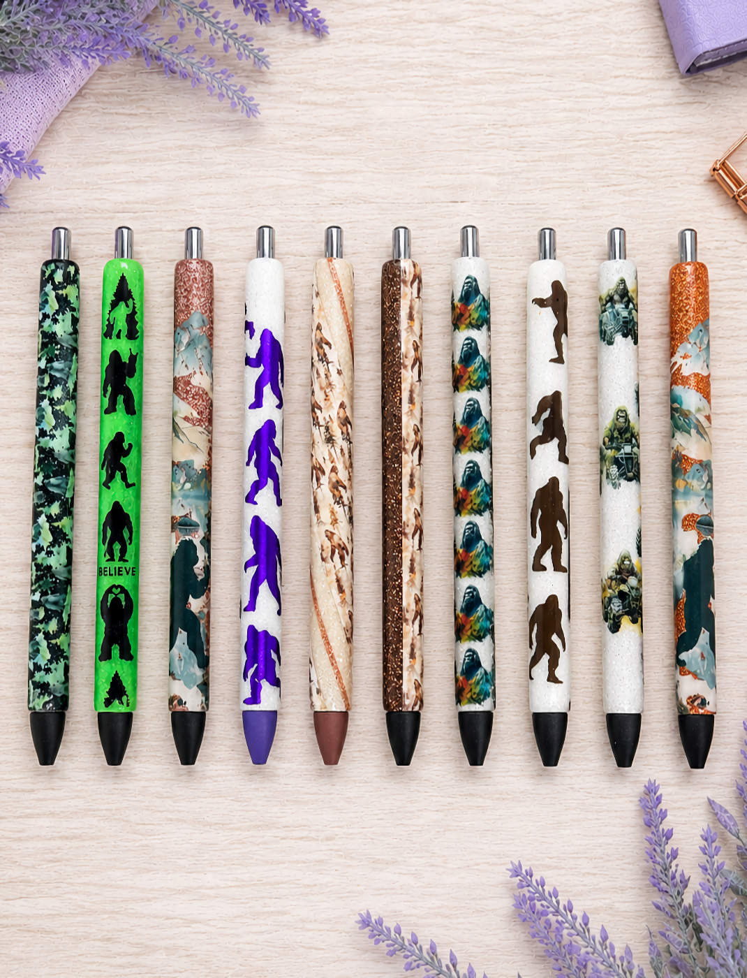 Handmade Bigfoot Sasquatch In forest on brown glitter pen with free refill