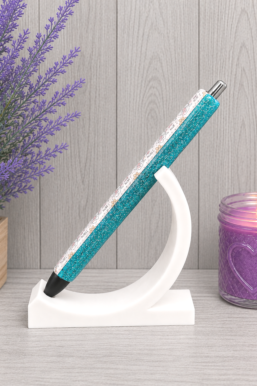 Handmade Nurse vinyl with flowers on dark aqua glitter pen with free refill