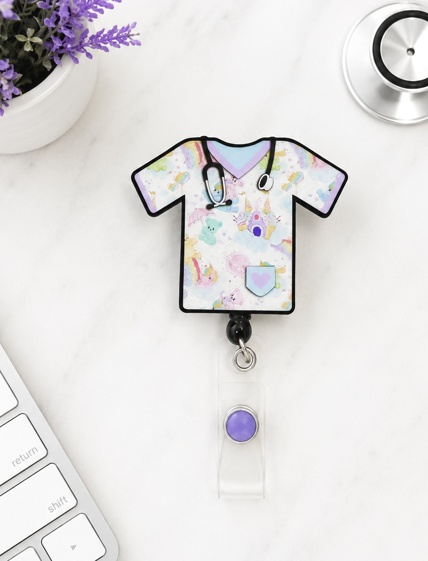 Handmade Pastel Teddy Bears Scrub Top Badge Reel