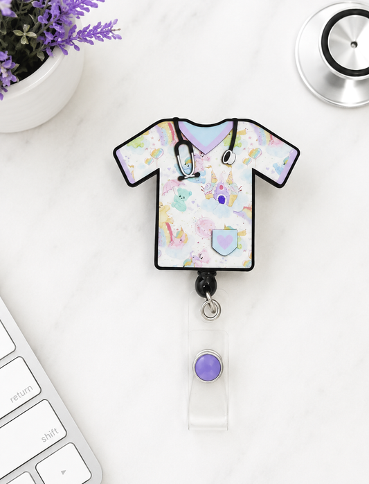 Handmade Pastel Teddy Bears Scrub Top Badge Reel