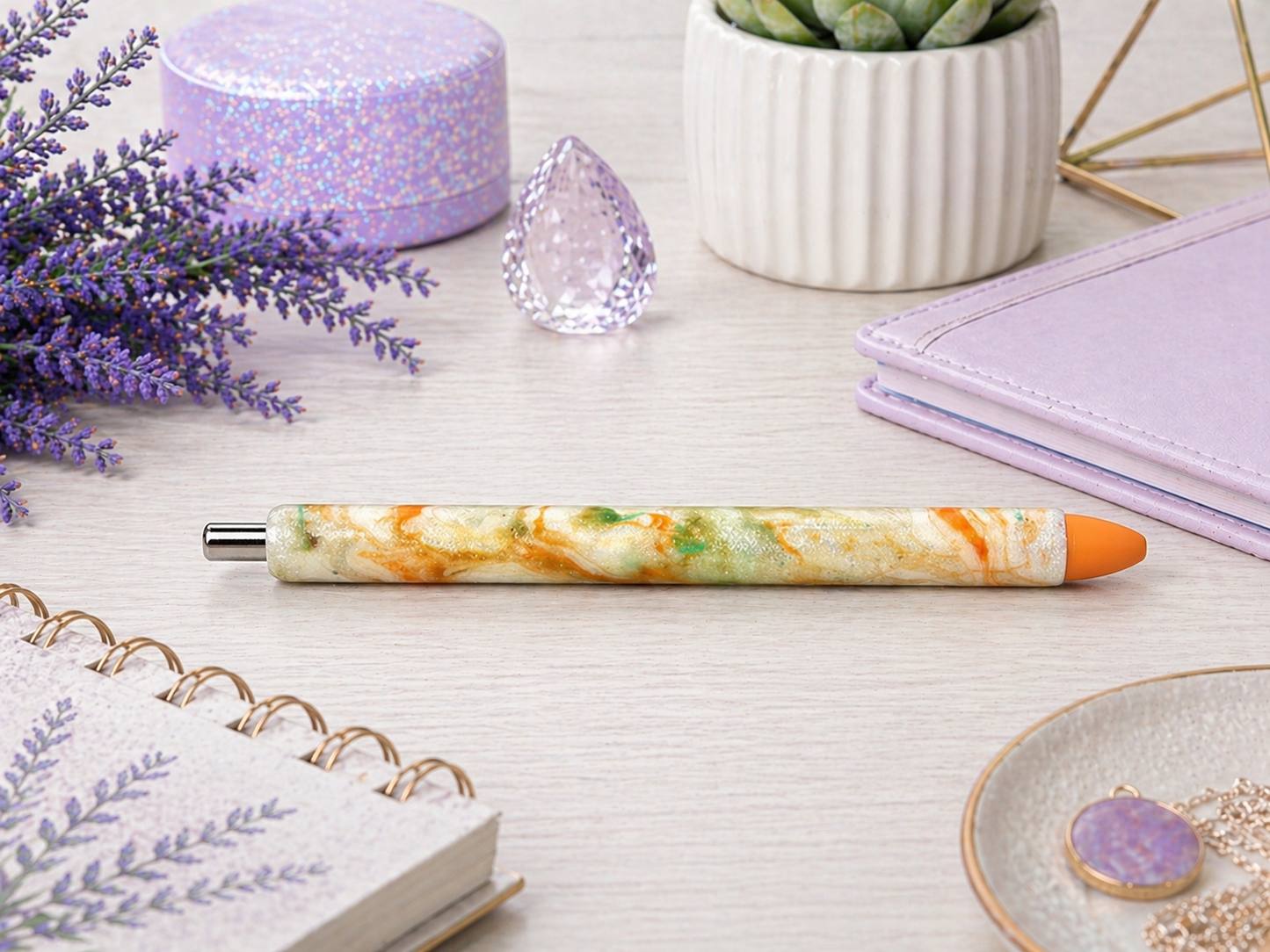 Handmade Orange Green Gold marble glitter pen with free refill