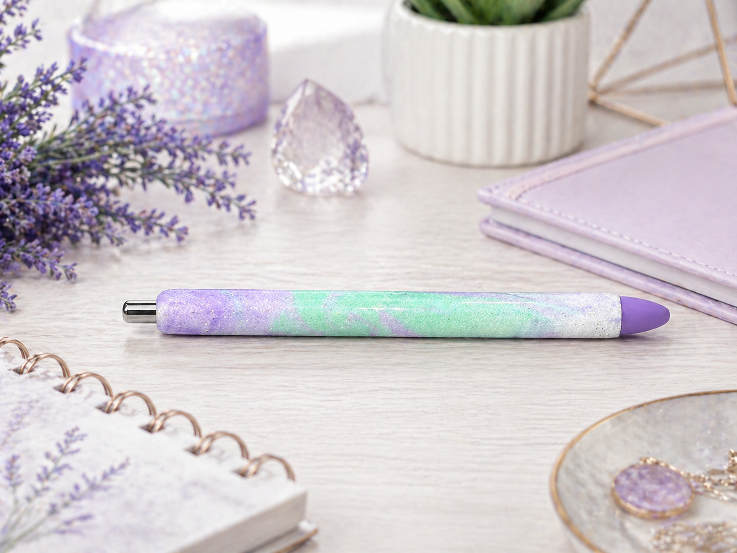 Handmade Mint Green and Lavender marble glitter pen with free refill