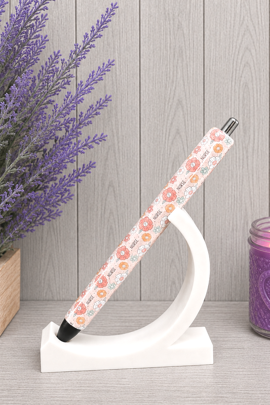 Handmade Nurse vinyl with flowers on dark aqua glitter pen with free refill
