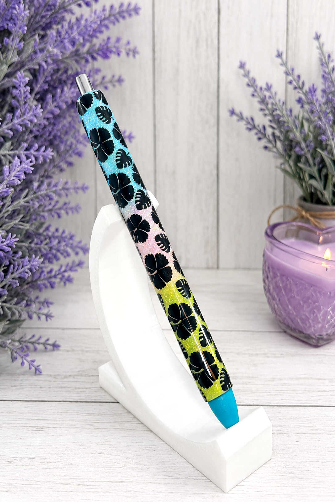 Handmade Hibiscus on rainbow glitter pen with free refill