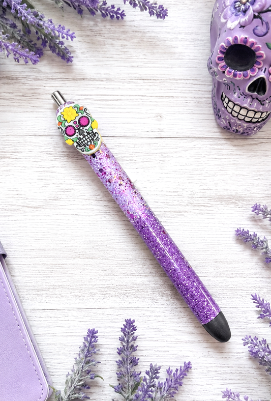 Handmade Halloween Sugar Skill on purple glitter pen  with free refill