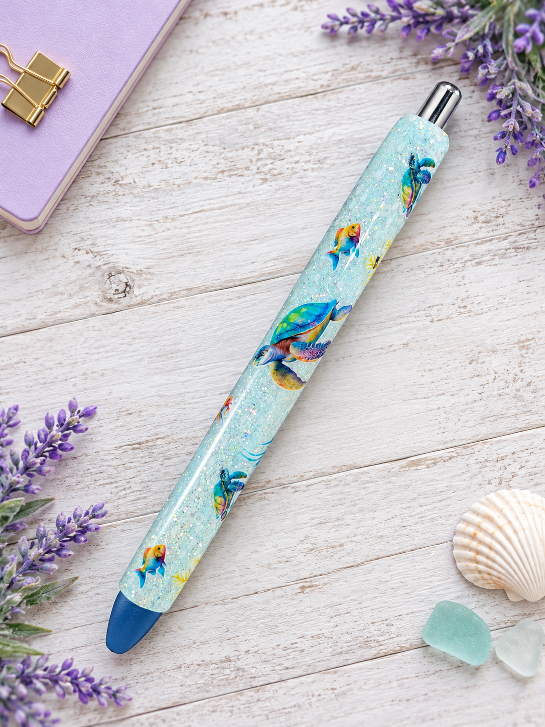 Handmade Sea Turtles Ocean Scene glitter pen with free refill