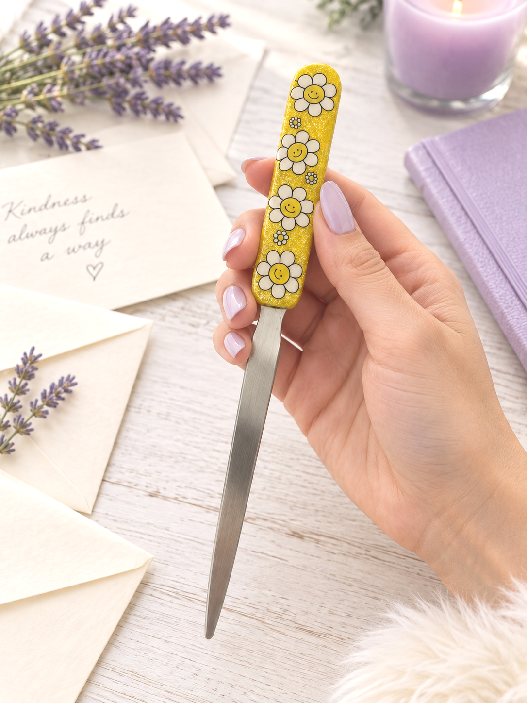 Handmade Smiley Faces on Yellow Glitter Letter Opener