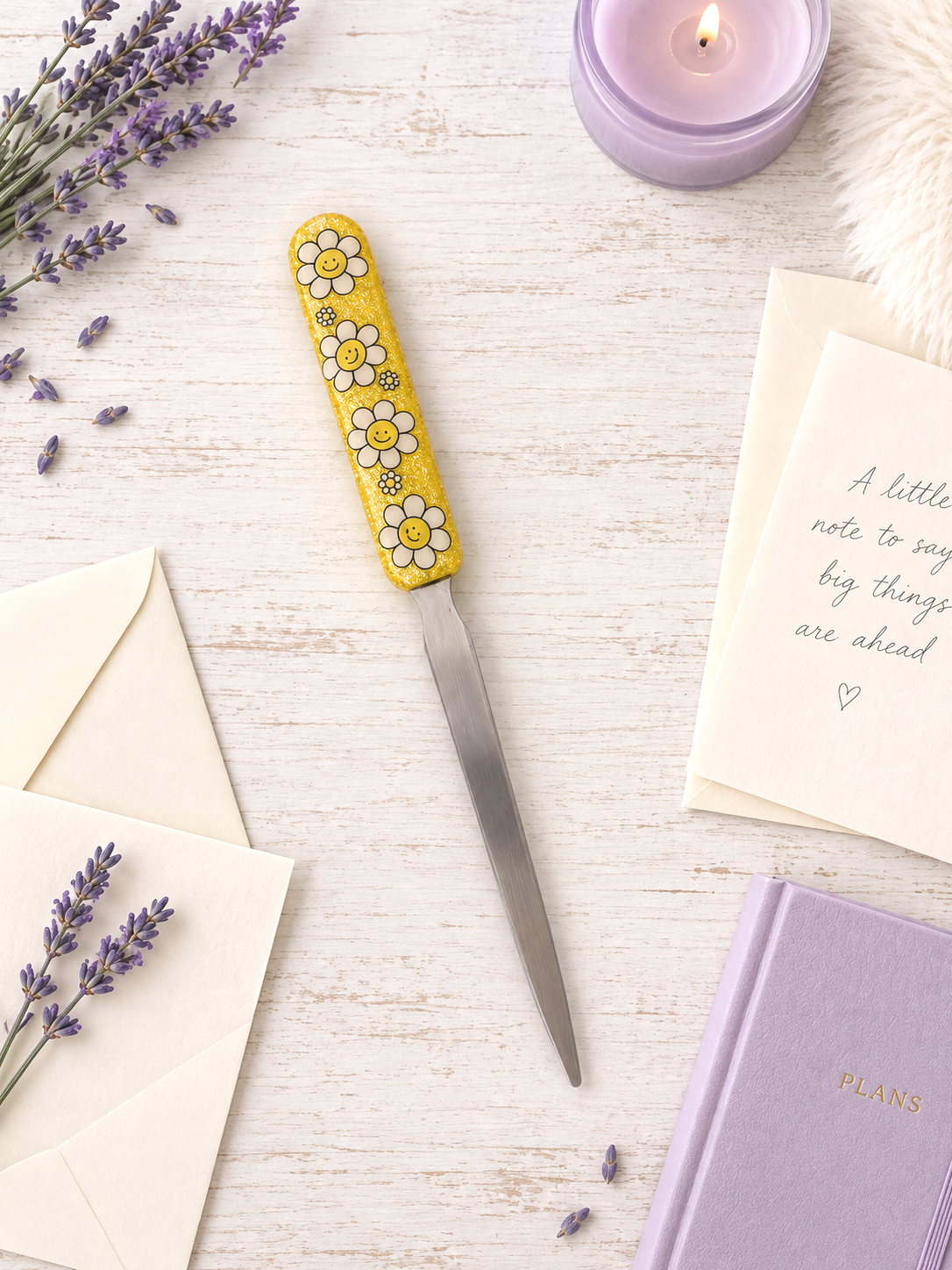 Handmade Smiley Faces on Yellow Glitter Letter Opener