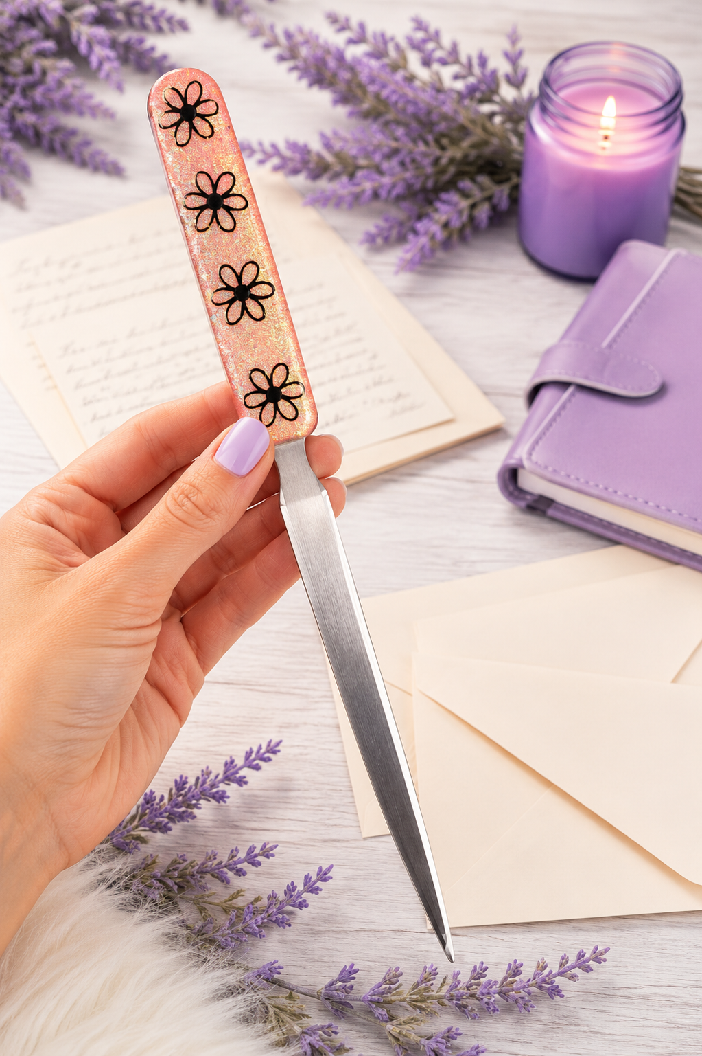 Handmade Daisies on Peach Glitter Letter Opener