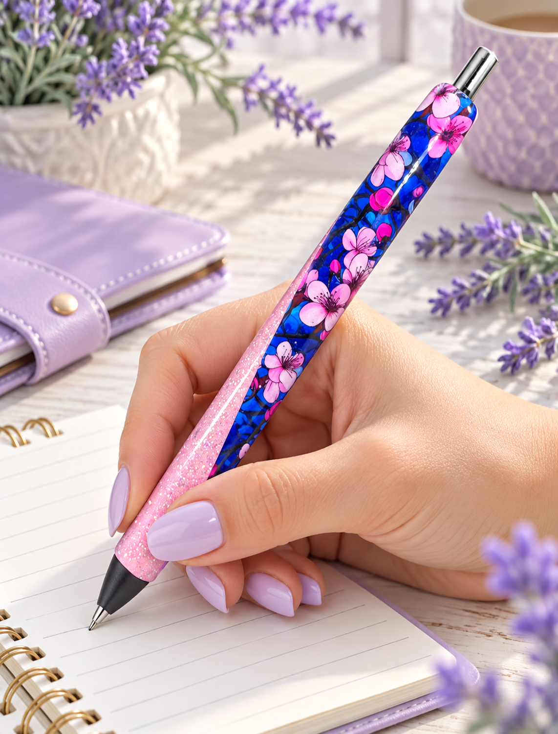 Handmade Cherry Blossom glitter pen with free refill