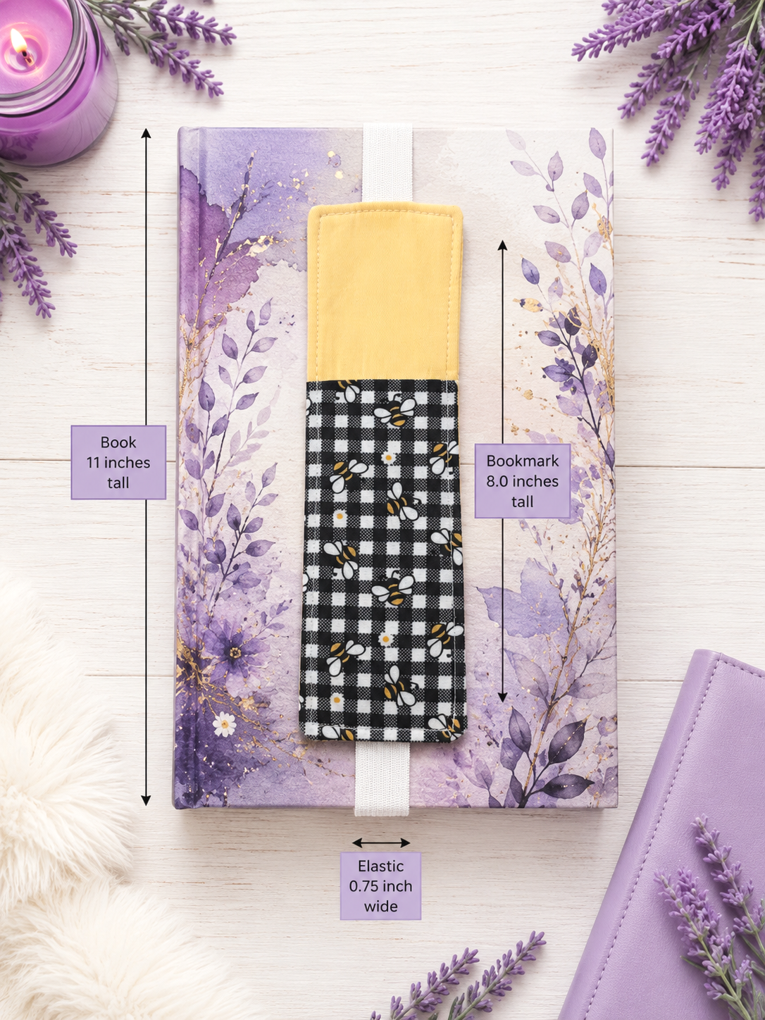 Handsewn Bumble Bees Fabric Bookmark with Accessory Pocket