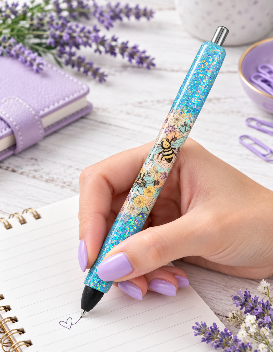 Handmade Peek A Boo Boho Bees on blue glitter pen with free refill