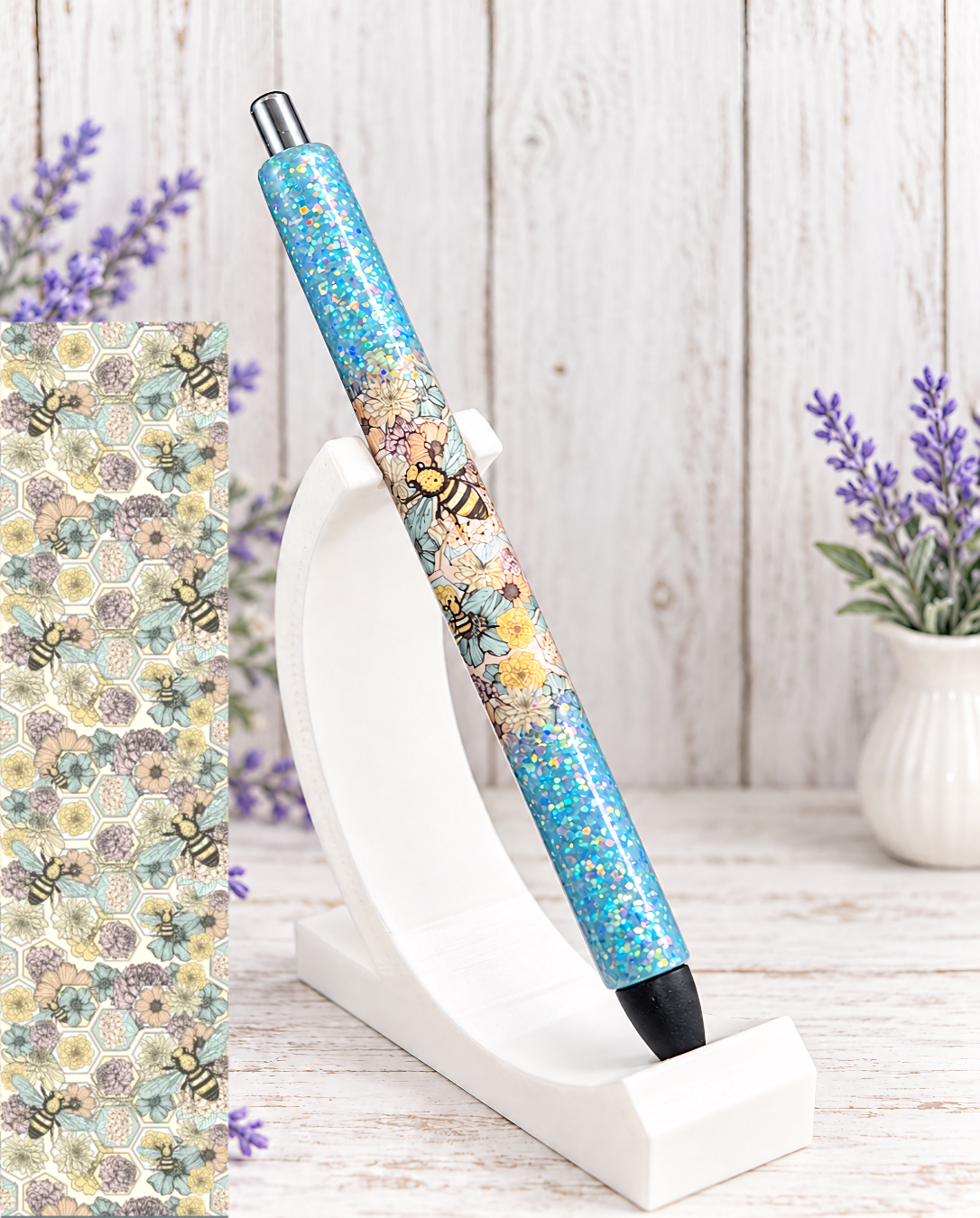 Handmade Peek A Boo Boho Bees on blue glitter pen with free refill