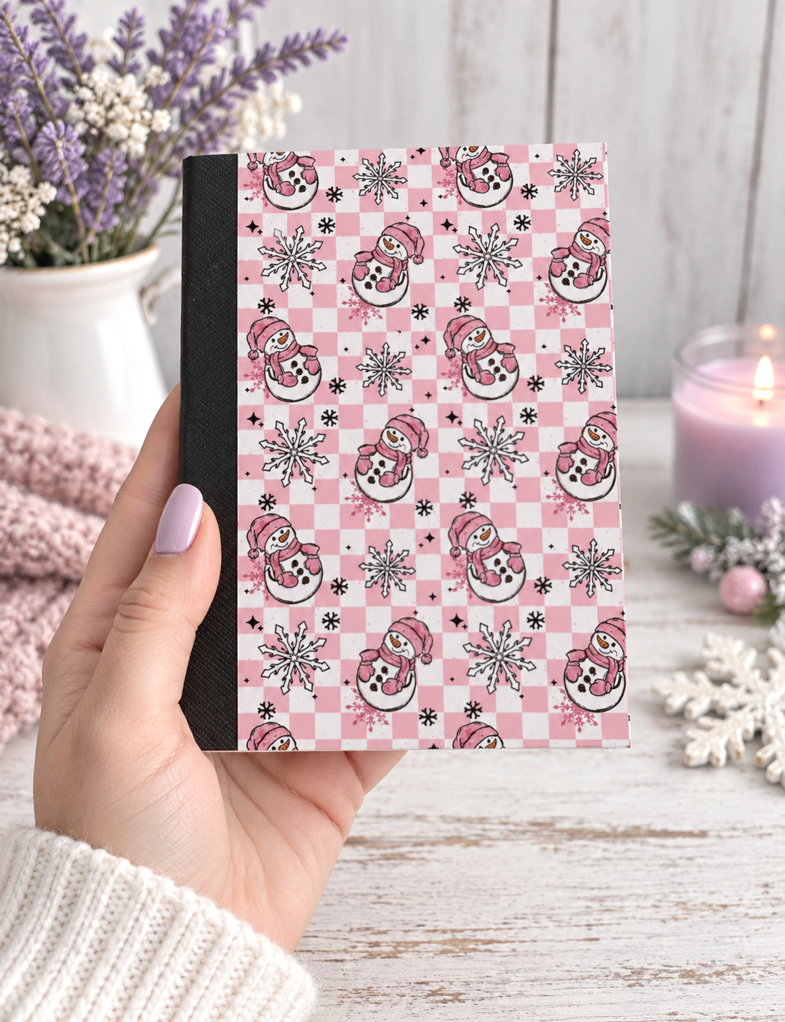 Decorative Vinyl Covered MINIATURE Composition Notebook Pink Snowmen