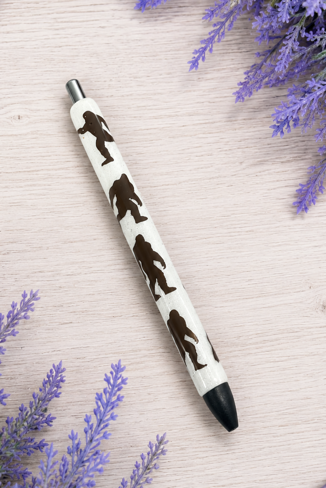 Handmade Brown Bigfoot Sasquatch on white glitter pen with free refill