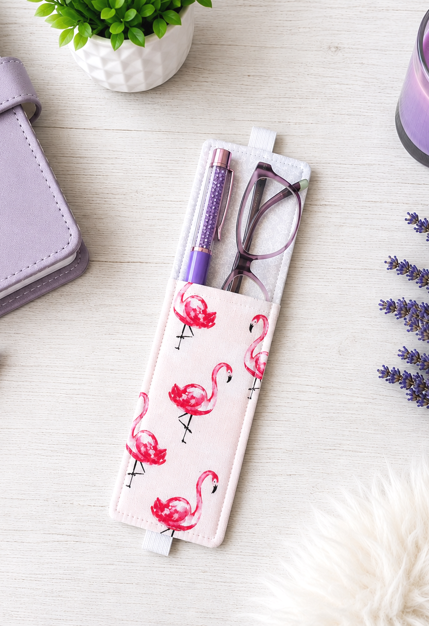Handsewn Flamingo Fabric Bookmark with Accessory Pocket