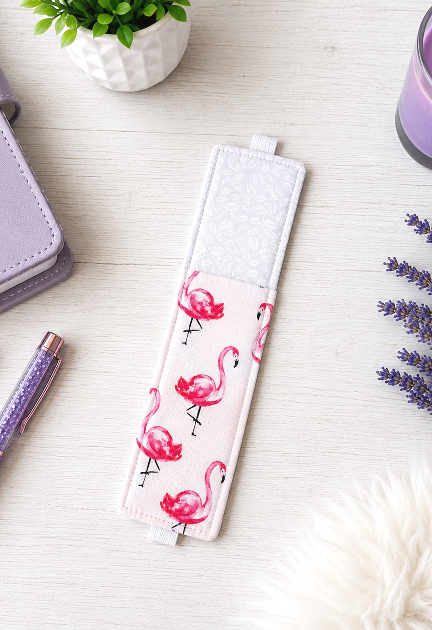 Handsewn Flamingo Fabric Bookmark with Accessory Pocket