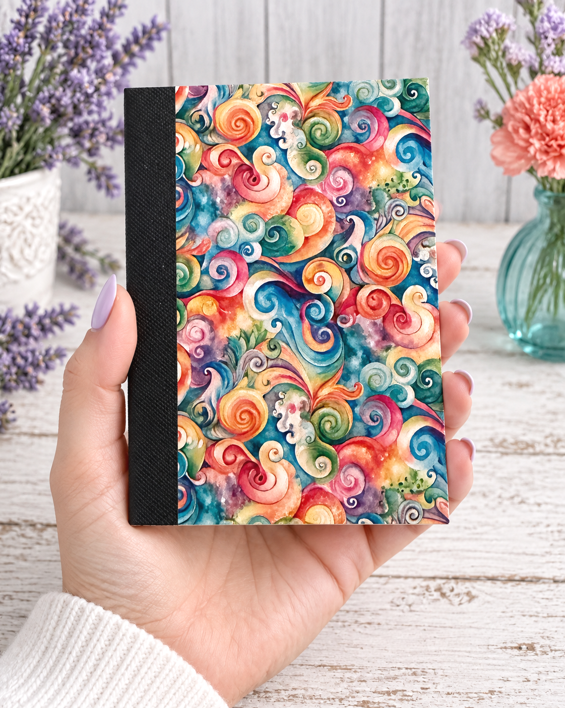 Decorative Vinyl Covered MINIATURE Composition Notebook Bright Swirls