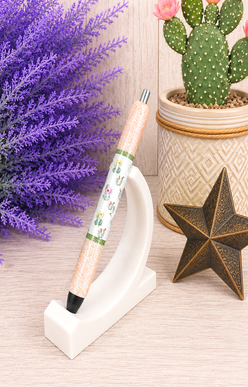 Handmade Blooming Watercolor Cactus on peach glitter pen with free refill