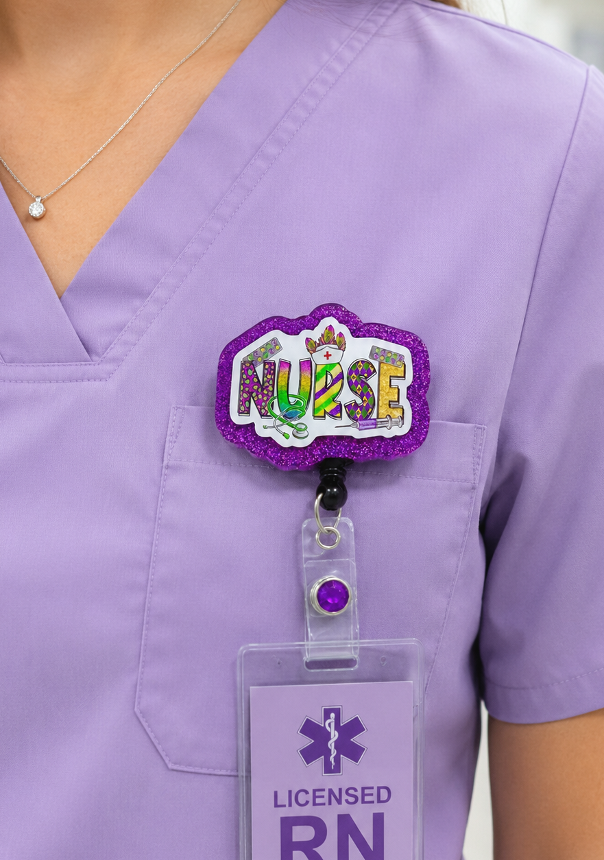 Handmade Mardi Gras Nurse Badge Reel 2