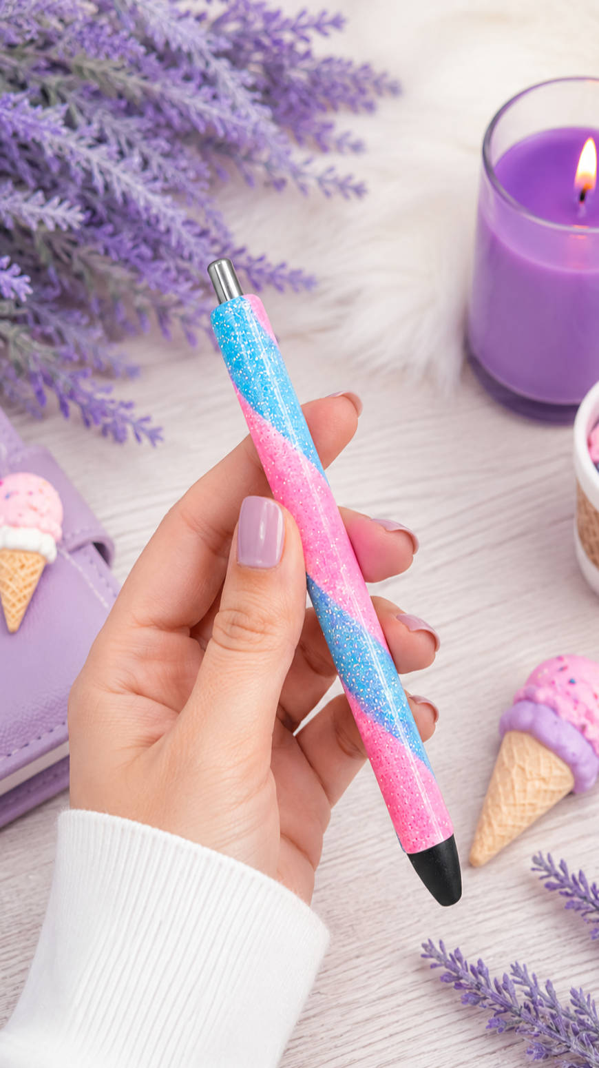 Handmade Pink and Blue Swirl ombre glitter pen with free refill