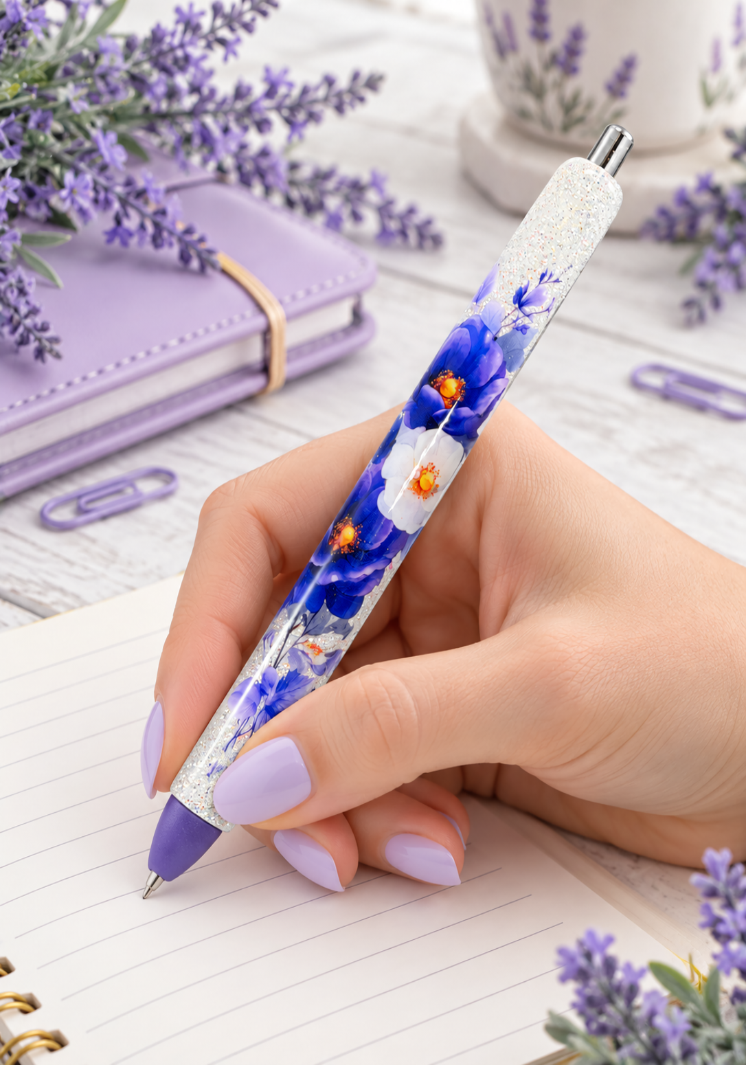 Handmade Purple Flowers glitter pen with free refill