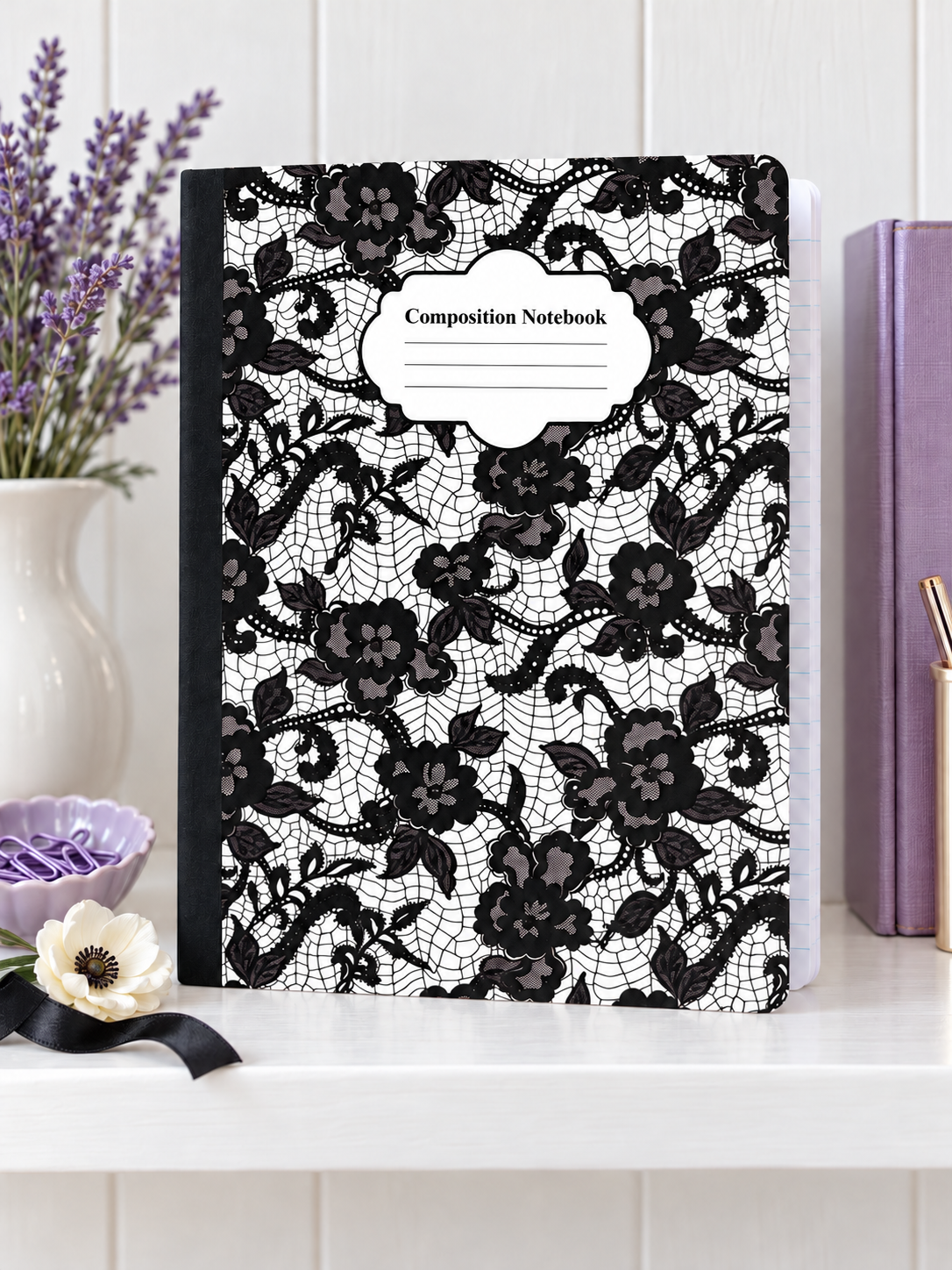 Decorative Vinyl Covered Composition Notebook Black Lace