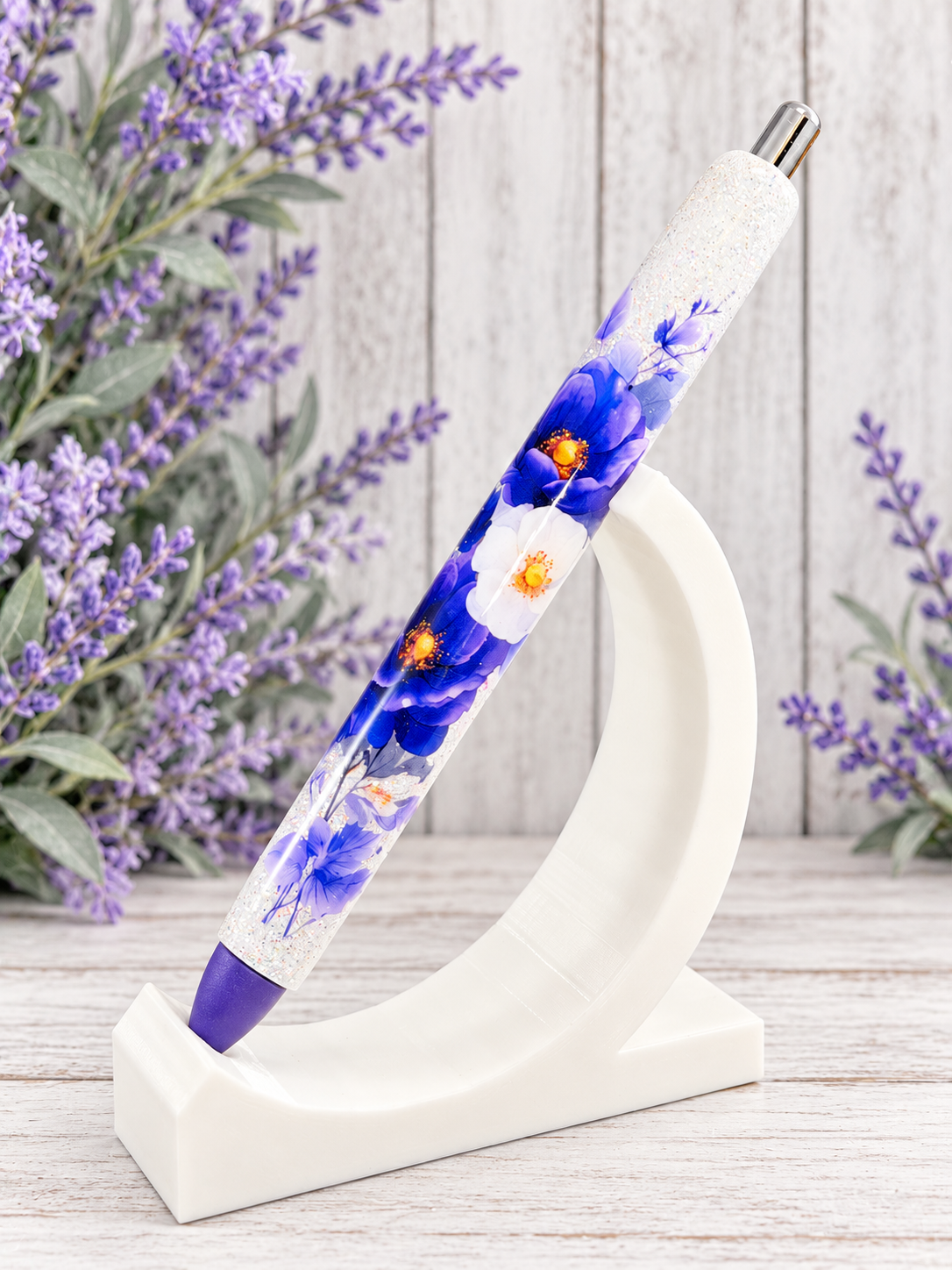 Handmade Purple Flowers glitter pen with free refill
