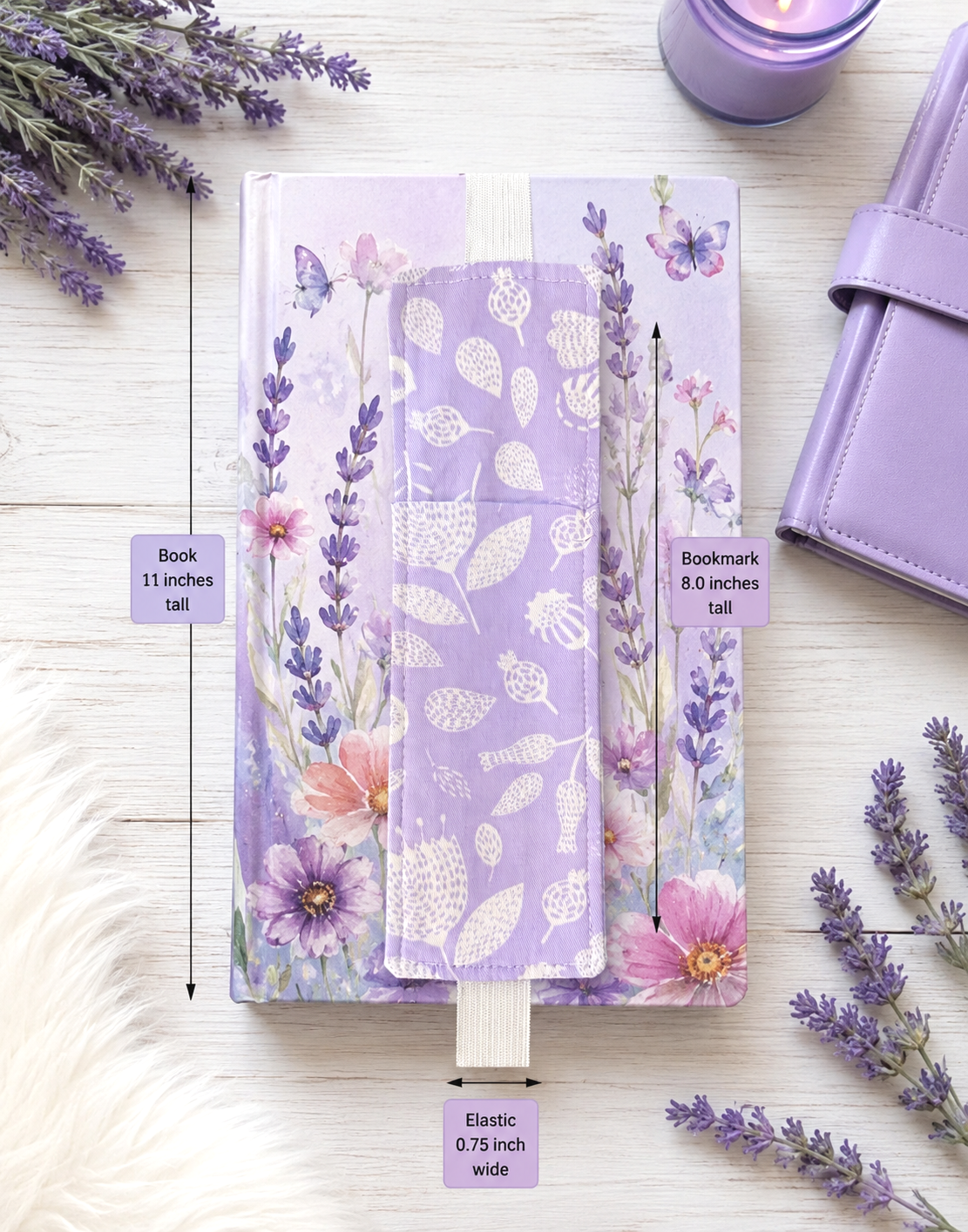 Handsewn Lavender Flowers Fabric Bookmark with Accessory Pocket