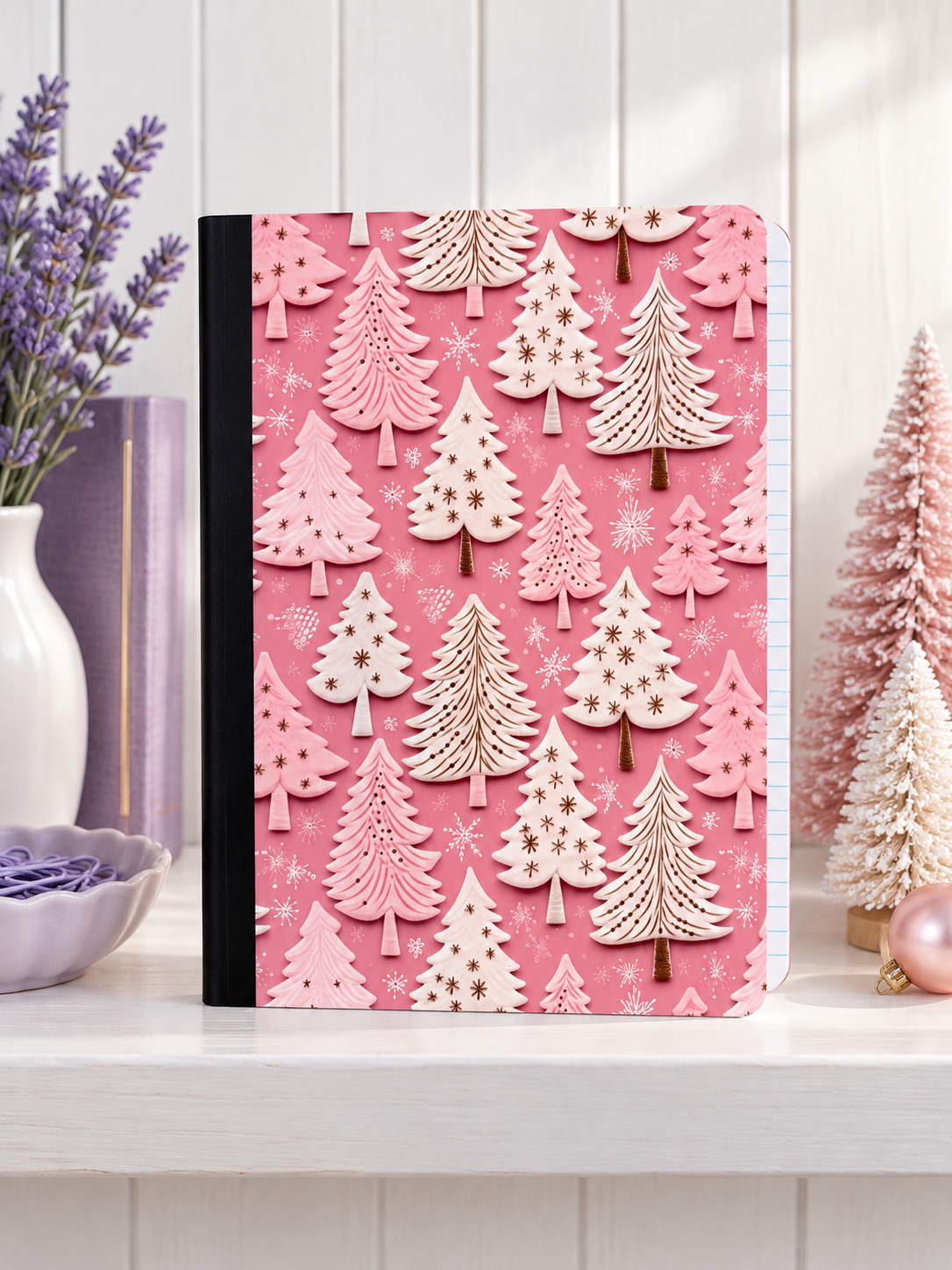 Decorative Vinyl Covered Composition Notebook Pink Winter Pines