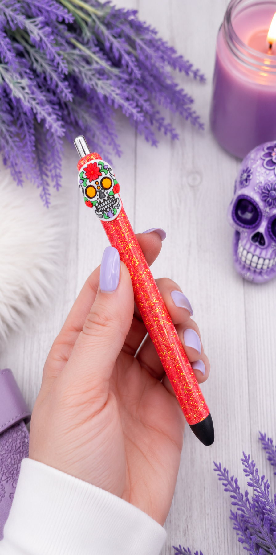 Handmade Orange Sugar Skull glitter pen with free refills